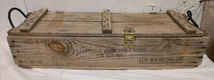 Vintage Wooden Ammunition Crate For two 105mm TPDS-T M724A1 Cartridges. The Crate is Labeled For Use With The M68 gun