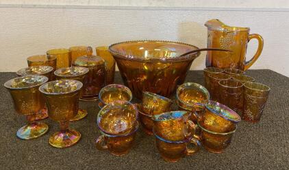 Vintage Indiana Glass "Princess" Punch Bowl Set In Amber Iridescent Carnival Glass