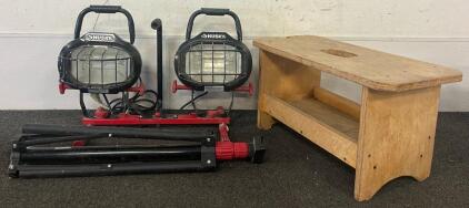 Husky Twin Head Work Light W/ Tripod Stand & Wooden Workbench