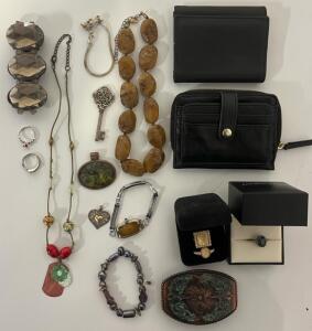 Jewelry Including Necklaces, Rings, Belt Buckle, 2 Wallets & More