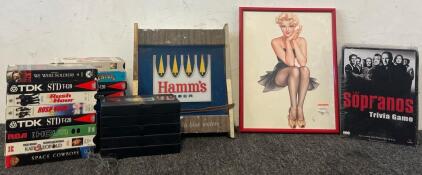 Hamms Beer Light Up Sign, The Sopranos Trivia Game, &ldquo;Vargas Girl&rdquo; Framed Print, VHS Tapes & More