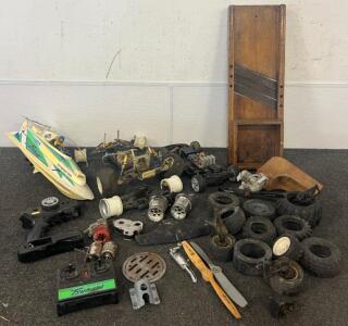 Collection Of Parts For Remote Control Vehicles Including A Boat, & Vintage Cabbage Slicer
