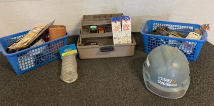 Flambeau Tackle Box And Fishing Stuff, Sandpaper, Hardhat, And Other Tools