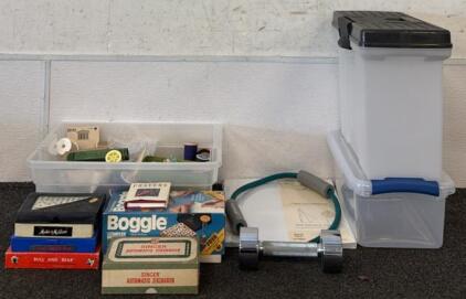 Tote of Sewing Tools & Material, Vintage Parker Brothers Games, Singer Automatic Zigzagger, (2) Small Plastic Totes, & More
