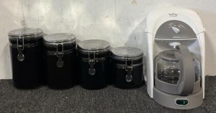(4) Matching Black Jar Set & NEW TeaDrop Hot Tea Maker