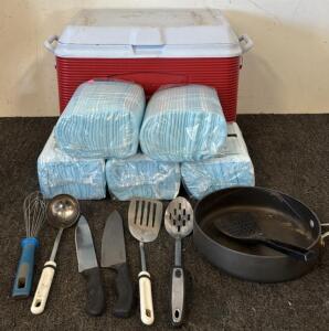 Rubbermaid Cooler, (5) Bags of Underpads, Skillet, & Various Kitchen Tools