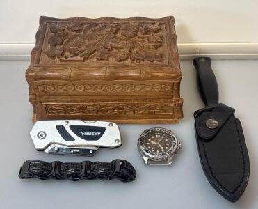 Hand-Carved Wooden Box, Stainless Steel Taiwan Dagger With Sheath, Huskey Knife, Citizen Exo-Drive Watch With Vintage Marcasite And Onyx Link Bracelet