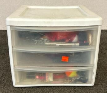 (1) 3 Drawer Sterilite Organizer Filled With Fishing Essential Including Bobbers, Hooks, And More