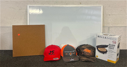 (1) Whiteboard, (1) Bella Basics Belgian Waffle Maker, (6) New Looking Hats, And More