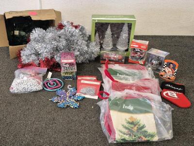 Nascar Christmas! String Lights, Color Changing 3 Tree Set, Ornaments, Stocking, Tinsel