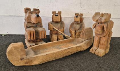 Carved Wooden Bears, Boat And A Moose