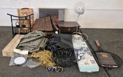 3 Window Curtains, Picture Frame, Camping Shower, Grill Basket, Desk Lamp, Small Table With Drawer And More.