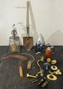 Vintage Dazey Hand Crank Butter Churn, Sickles, Handles / Doorknob, Black & Decker Iron & More