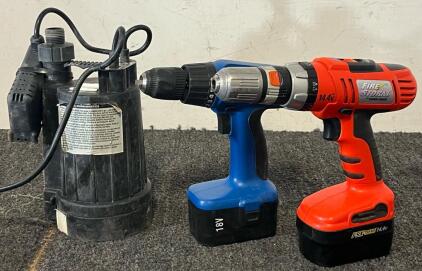 Fire Storm 14.4V Drill, 18V Cordless Drill & Everbilt Submersible Automatic Utility Pump
