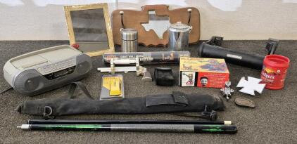 Pool Stick And Case, Harley Davidson Wall Poster, Coffee Pot, Thermos, Stanley Stud Finder, Sony Boom Box(Works), Mr. Gasser Model Car, Binoculars, Fishing Hooks, Bully BBS-1101S Adjustable Side Step For A Truck Or SUV And More.