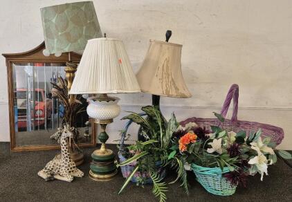 3 Unique Lamps, Hanging Wall Mirror, Giraffe Statue, 3 Baskets With Floral