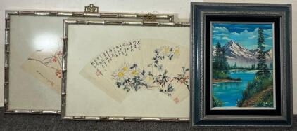 (2) Framed Chinese Fan Paintings & Framed Forest Painting