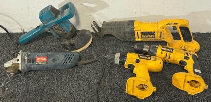 Power Tools Including DeWalt Drills, Saw, Black & Decker Sander / Polisher, Ryobi Grinder & Furniture Dolly