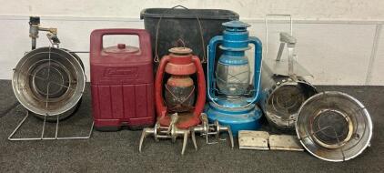 (1) Coleman Propane Latern Case, Gas Lamps, (2) Trash Can, And More