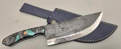 Custom Shaped Carbon Steel Chefs Knife W/ Leather Sheath