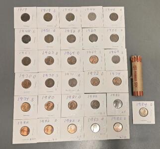 (31) Assorted Year Collectible Pennies Ranging From 1919 To 1982, Roll Of Wheat Pennies (Unknown Years)