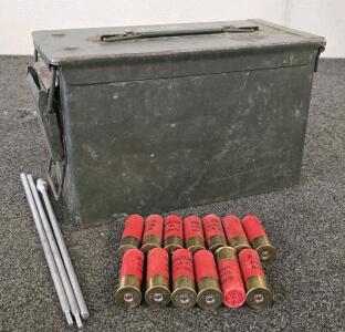 Ammo Can With (13) 12ga Winchester Shells And Cleaning Rod