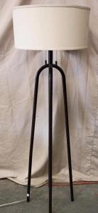 Kenroy Home Quadratic Floor Lamp With an Oil-Rubbed Bronze Finish and a Tan Fabric Drum Shade.
