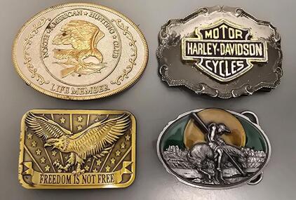 (4) Collectible Belt Buckles- North American Hunting Club, Harley Davidson, Freedom Is Not Free, Native American Theme