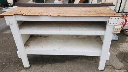Wooden Workbench W/ Shelves And Integrated Electrical Outlets