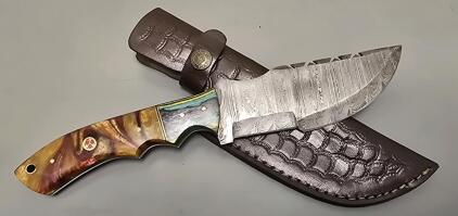 Damascus Steel "Tracker" Knife W/ Leather Sheath