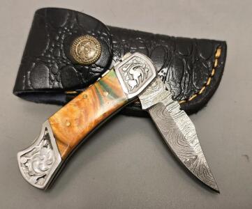 Damascus Steel Locking Pocket Knife W/ Leather Sheath