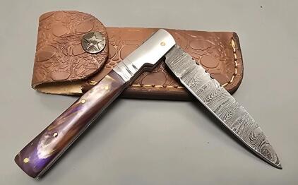 Damascus Steel Pocket Knife W/ Leather Sheath