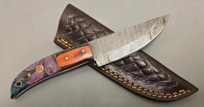 Damascus Steel Hunting Knife W/ Leather Sheath