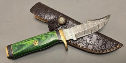 Damascus Steel Hunting Knife W/ Leather Sheath