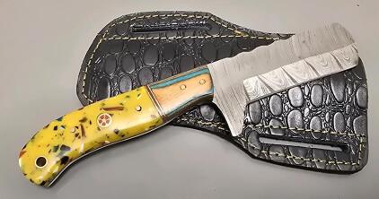 Damascus Steel Custom Style Blade Knife W/ Leather Sheath