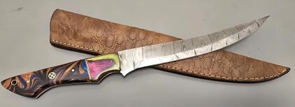 Damascus Steel Curved Blade Long Knife W/ Leather Sheath