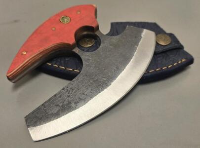 Carbon Steel Ulu Style Knife W/ Leather Sheath