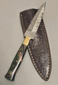Damascus Steel Boot Knife Style Knife W/ Leather Sheath