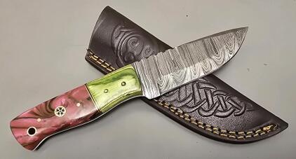 Damascus Steel Hunting Knife W/ Leather Sheath- Pink Resin Handle