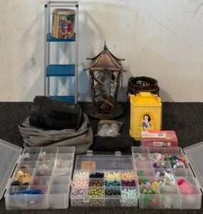 Assortment of Crafting Supplies, Small Shelving Unit, Brass Lantern, Native American Vase, & More