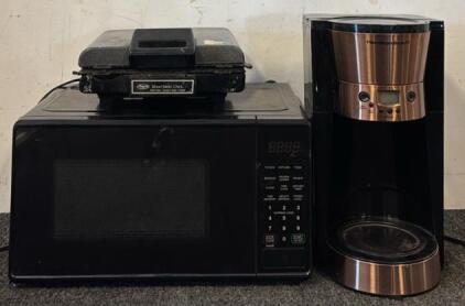 Mainstays Microwave Oven, Hamilton Beach Coffee Maker, & Short Order Chef Waffle Maker