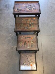 (4) Vintage Achent Chinese Nesting Tables With Class Tops (Big Table Has No Glass Top) 28"x21"x15", 25"x17"x14", 22"x14"X12", 19"x10"x10"