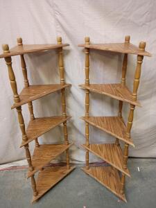 This is a Pair of Vintage Wooden Corner Shelving Units with Spindles. 54"x21"x10"