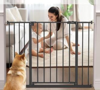 InnoTruth Baby Gate for Stairs 28.9-42.1" Wide, 30" Tall Easy Step Walk Through Expandable Dual Lock Dog Gates for The House，Pressure Mounted Easy Install Pet Gate for Doorways, Black