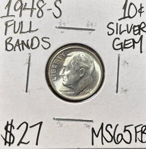 1948-S MS65FB FULL BANDS GEM SILVER DIME