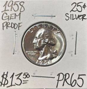 1958 PR65 GEM PROOF SILVER WASHINGTON .25c