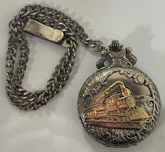 Vintage Gold & Silver Plated Locomotive Train Pocket Watch