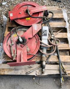 2 Lincoln Hydraulic Hose Reels with Panther Motor, Red, 50 ft Hose, 3000 psi