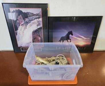 Plastic Storage Bin w/ (6) Power Strips & (2) Inspirational Framed Posters & Box of DVI Cables