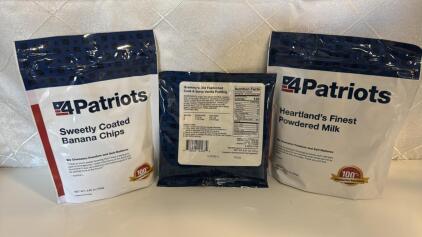 4 Patriots MRE&rsquo;S (1) Sweet Coated Banana Chips (1) Grammys Old Fashioned Cook & Serve Vanilla Pudding (1) Heatland&rsquo;s Finest Powdered Milk